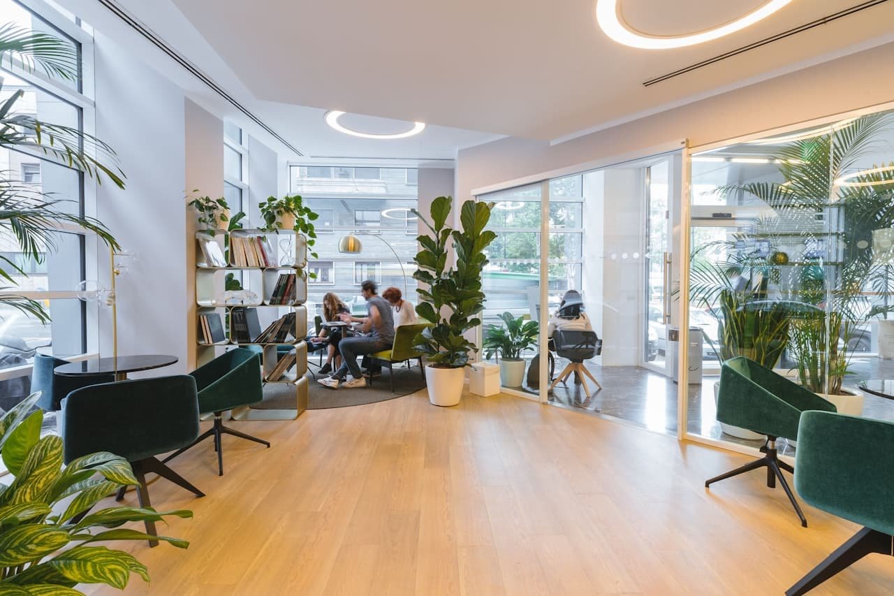 Bright modern office lounge with plants