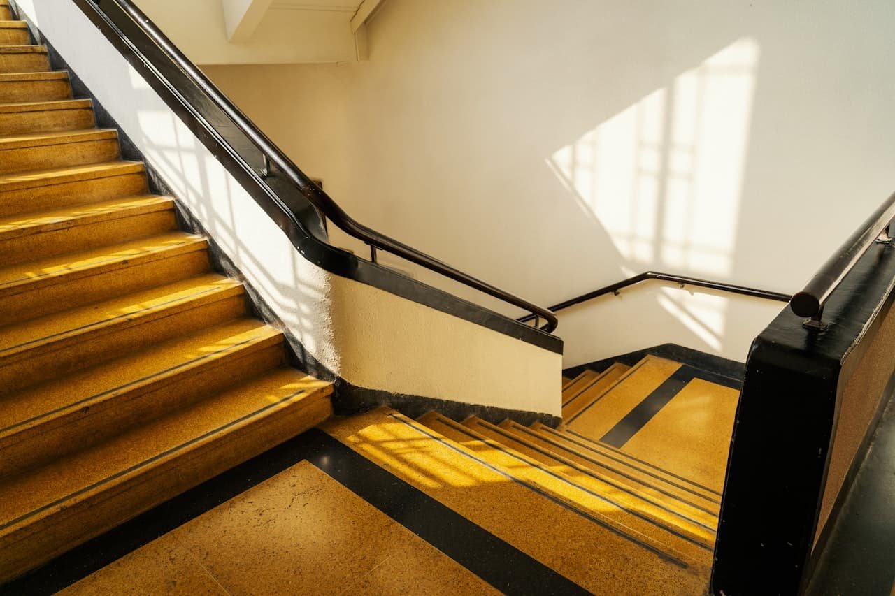 Sunlit stairwell in a multi-unit building